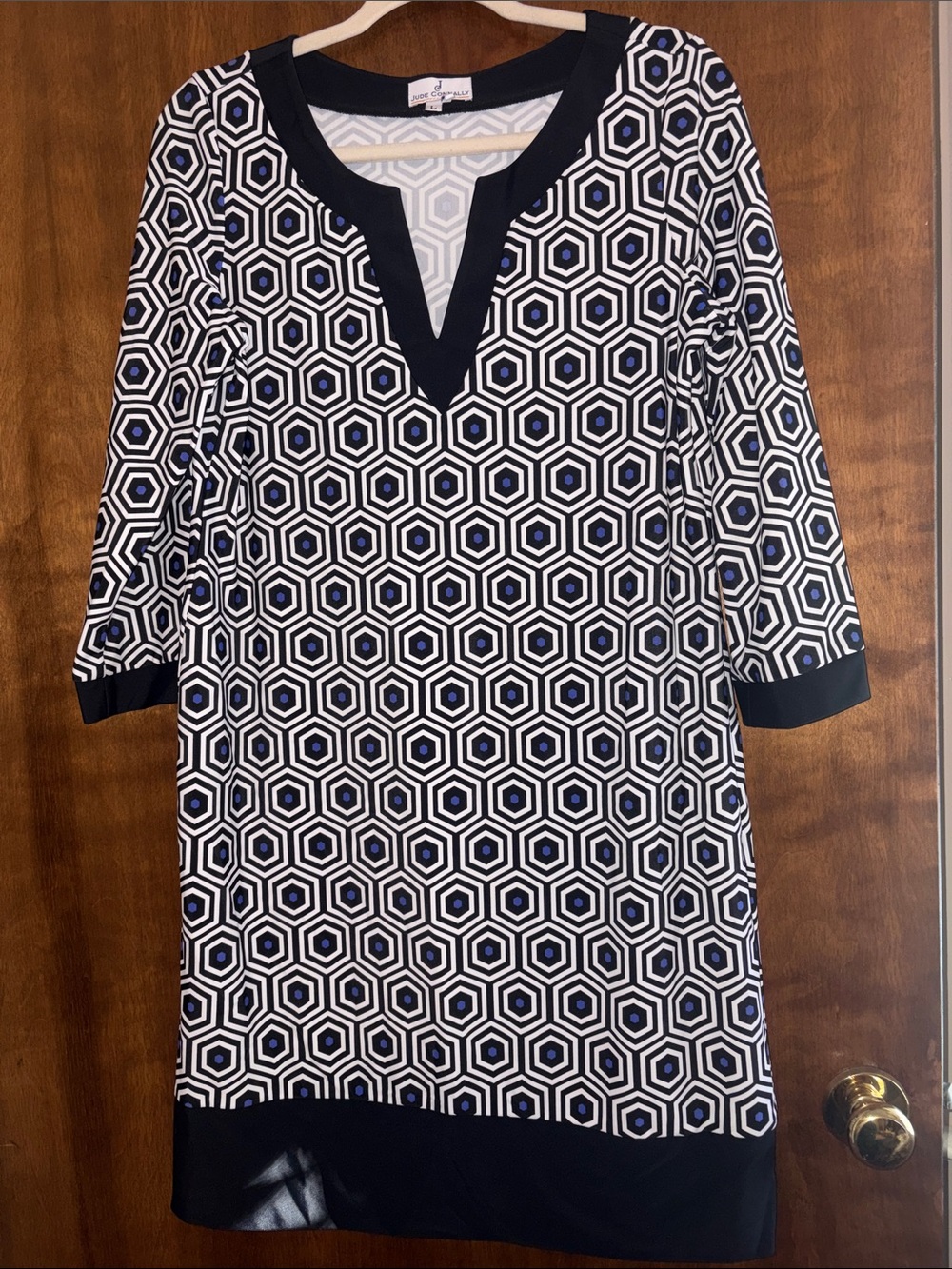 Jude Connally Black, White & Navy Geometric V‑Notch Long Sleeve Dress